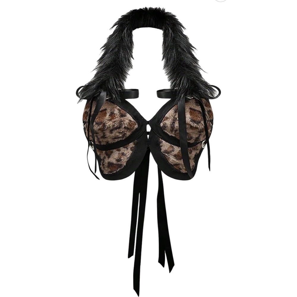 MakeMeChic Women Plus‎ Cheetah Halter Top Faux Fur Tie Back Y2K Black Large Plus